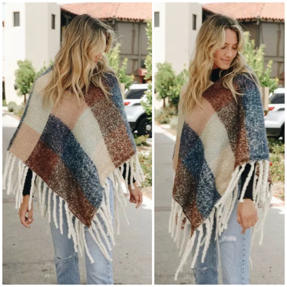 SOLD OUT Colorblock Multicolor Tassel Fringe Poncho - Picture 1 of 6